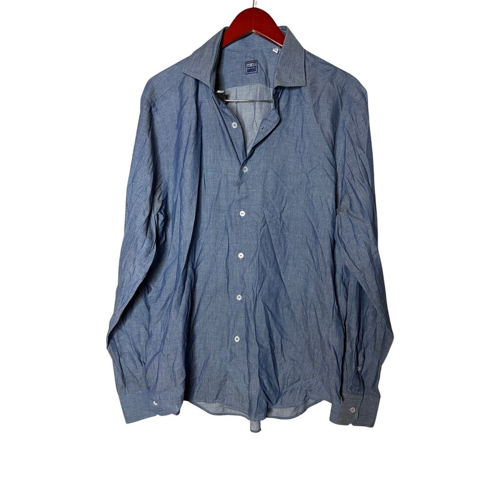 Fedeli Chambray Blue 100% cotton button down dress shirt sz 17